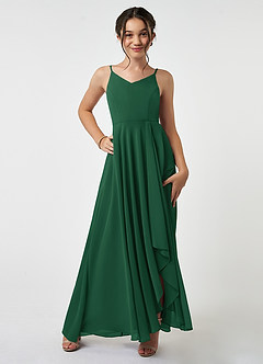 Azazie Collette Junior Dark Green A-Line Ruched Chiffon Dress image1