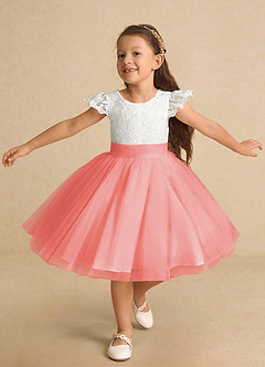 Azazie Vetty Flower Girl Dresses Ivory Coral A-Line Lace Tulle Dress image5
