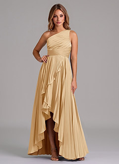 Azazie Lyrica 신부 들러리 드레스 A라인 한쪽 어깨 스트레치 새틴 비대칭 드레스 image1