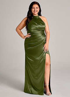 Azazie Jemma Brautjungfernkleider Etui Plissee Metallischer Satin Kleid Olivgrün image11