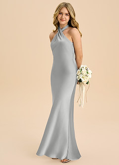 Azazie Chickie Junior Robe Fourreau en Satin extensible Plissée Argent image1