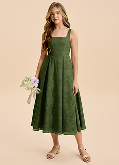 Azazie Amalie Junior Olive A-Line Ruched Floral Burnout Dress image3