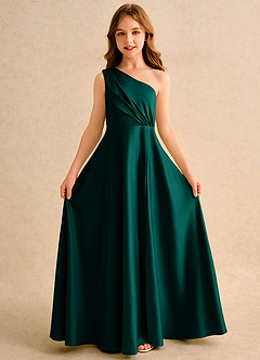 Azazie Puddles Girls Formal vestidos de niña de las flores Vestido de Pino de Satin Mate de Corte en A con Hombro unilateral image5