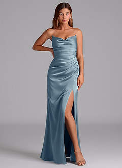 Azazie Claudelle At-home Try On Dresses Dusty Blue Mermaid Strapless Stretch Satin Dress image5