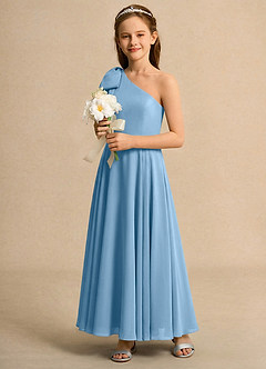 Azazie Guppy Girls Formal Abiti da Ragazza di Fiori Abito A-Line in Chiffon Monospalla Blu Acciaio image6