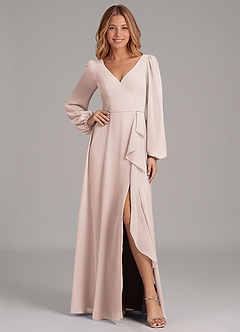 Azazie Simone Vestidos de damas de honor Vestido de Pétalo De Rosa de Gasa de Corte en A con Manga larga image1