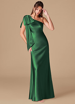 Azazie Capri Vestidos de damas de honor Vestido de Verde Oscuro de Satén Metálico de Corte Recto con Hombro unilateral image1