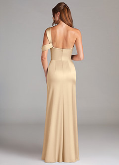 Azazie Wynter Bridesmaid Dresses Champagne Sheath Off the Shoulder Stretch Satin Dress image2