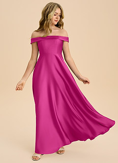 Azazie Sissy Junior Abito A-Line in Raso Elasticizzato a Spalla Scoperta Fucsia image5