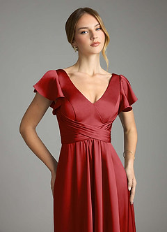 Azazie Omari Bridesmaid Dresses Pomegranate A-Line Stretch Satin Dress image6