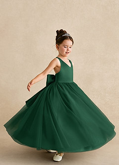 Azazie Peanut Flower Girl Dresses Dark Green A-Line Strap Tulle Dress image5