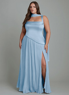 Azazie Stephanie Robes de demoiselle d'honneur Robe Trapèze en Satin extensible Plissé Poudre Bleue image14