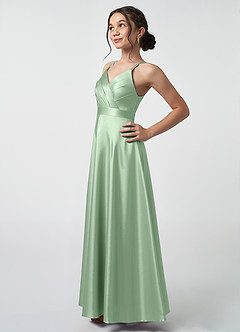 Azazie Avelina Junior Matcha A-Line Pleated Metallic Satin Dress image3