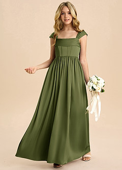 Azazie Hattie Junior A-Linie Plissee Stretch-Satin Kleid Olivgrün image4