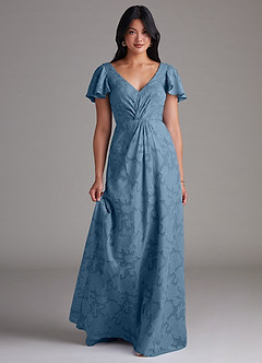 Azazie Soren Bridesmaid Dresses Steel Blue A-Line Pleated Floral Burnout Dress image1