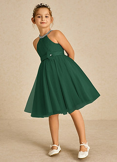 Azazie Honey Flower Girl Dresses Dark Green A-Line Beaded Matte Satin Dress image5