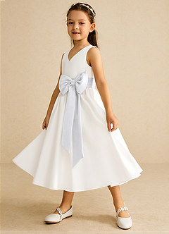 Azazie Darling Flower Girl Dresses Ivory White A-Line Bow Cotton Dress image3