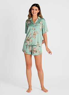 front Satin Printed Piping Pajama Set