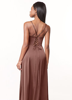 Azazie Maksim 신부 들러리 드레스 A라인 스트레치 새틴 바닥 길이 드레스 image5