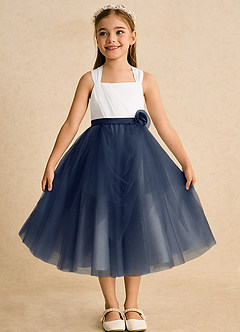 Azazie Bonny Flower Girl Dresses Ivory Dark Navy Ball-Gown Pleated Tulle Dress image5