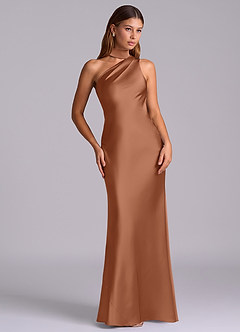 Azazie Seona Robes de demoiselle d'honneur Robe Sirène en Satin extensible Une épaule Bronze image7