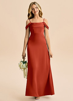 Azazie Lettie Junior Rust A-Line Off the Shoulder Stretch Satin Dress image2