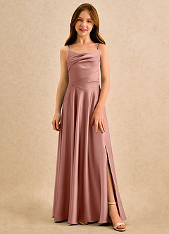 Azazie Coconut Girls Formal Blumenmädchenkleider A-Linie Plissee Stretch-Satin Kleid Rosettenrosa image4