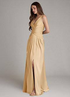Azazie Pauline Bridesmaid Dresses Gold A-Line Pleated Stretch Satin Dress image6