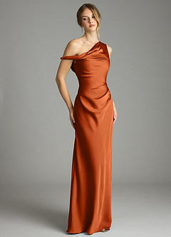 Azazie Emerson Bridesmaid Dresses Burnt Orange Mermaid Off the Shoulder Stretch Satin Dress image5