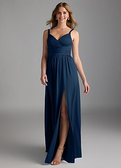 Azazie Chanel Vestidos de damas de honor Vestido de Azul Marino Oscuro de Satén Elástico de Corte en A con Plisado image1