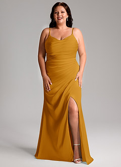 Azazie Deandra Bridesmaid Dresses Butterscotch Mermaid Pleated Stretch Satin Dress image3