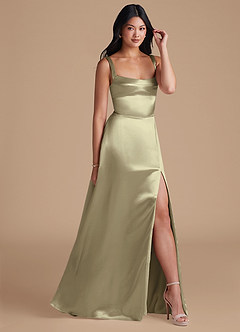 Azazie Hope Bridesmaid Dresses Moss Green A-Line with Pockets Metallic Satin Dress image1