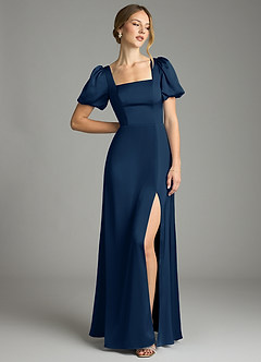 Azazie Fyona Bridesmaid Dresses Dark Navy A-Line Pleated Stretch Satin Dress image3