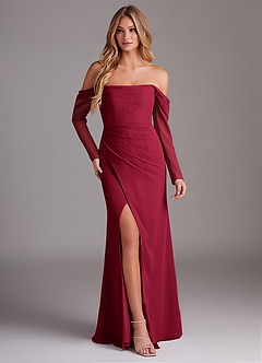 Azazie Hallie Brautjungfernkleider Meerjungfrau-Linie Langarm Chiffon Kleid Burgunderrot image1