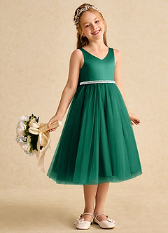 Azazie Firefly Flower Girl Dresses Emerald A-Line Bow Matte Satin Dress image7