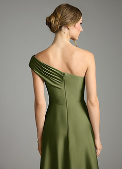 Azazie Melanie Bridesmaid Dresses Olive A-Line Off the Shoulder Stretch Satin Dress image2