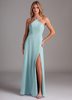 Azazie Bailey Bridesmaid Dresses Sea Glass A-Line Halter Side Slit Chiffon Dress image1