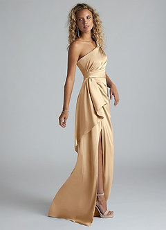 Azazie Maive Robes de demoiselle d'honneur Robe Fourreau en Satin extensible Rayé Champagne image4