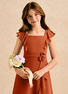 Azazie Soso Girls Formal Robe Demoiselle D'honneur Fillette Robe Trapèze en Mousseline de soie Plissée Orange Brûlée image6