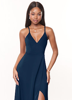 Azazie Maksim Bridesmaid Dresses Dark Navy A-Line V-Neck Stretch Satin Dress image5