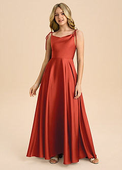 Azazie Popsy Junior Rust A-Line Bow Stretch Satin Dress image2