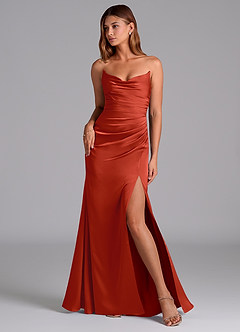 Azazie Claudelle Robes de demoiselle d'honneur Robe Sirène en Satin extensible Sans bretelles Rouille image1