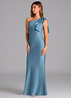 Azazie Yuanna Vestidos de damas de honor Vestido de Azul Acero de Satén Elástico de Corte Sirena con Hombro unilateral image4