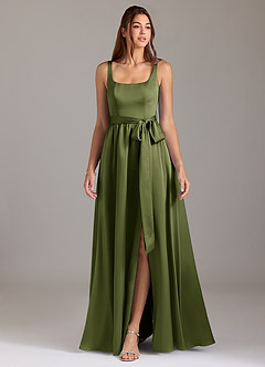 Azazie Elliott Bridesmaid Dresses Olive A-Line with Pockets Stretch Satin Dress image3
