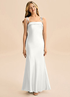 Azazie Willa Junior Vestido Blanco de Satén Elástico de Corte Sirena con Lazo image1