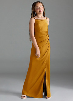 Azazie Leonis Junior A-Linie Plissee Stretch-Satin Kleid Butterscotch image3