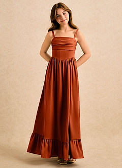 Azazie Maisie Girls Formal Robe Demoiselle D'honneur Fillette Robe Trapèze en Satin extensible Rayé Paprika image4