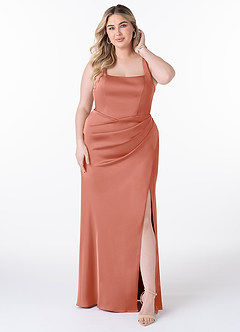 Azazie Mero Vestidos de madrinha de casamento Vestido Rosa Salmão de Cetim elástico de sereia com Plissado image6
