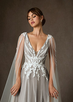 Azazie Goddess Wedding Dresses Diamond White Cocoa A-Line V-Neck Sequins Tulle Dress image7