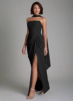 Azazie Nyra Vestidos de damas de honor Vestido Negro de Gasa de Corte Recto con Corsé image3